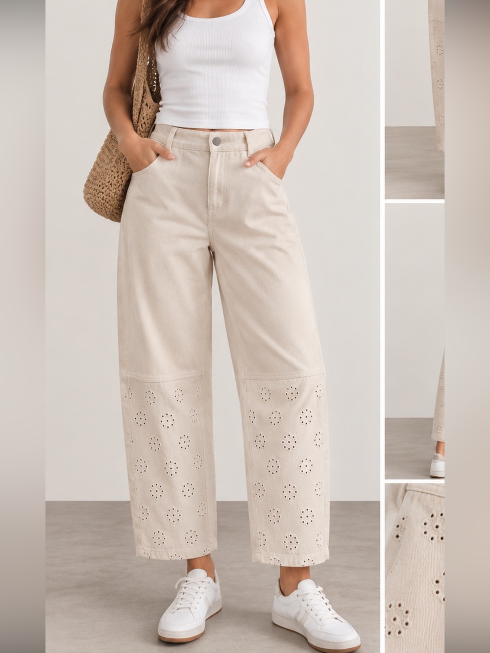 Women’s Cream Eyelet Embroidered Cotton Pants